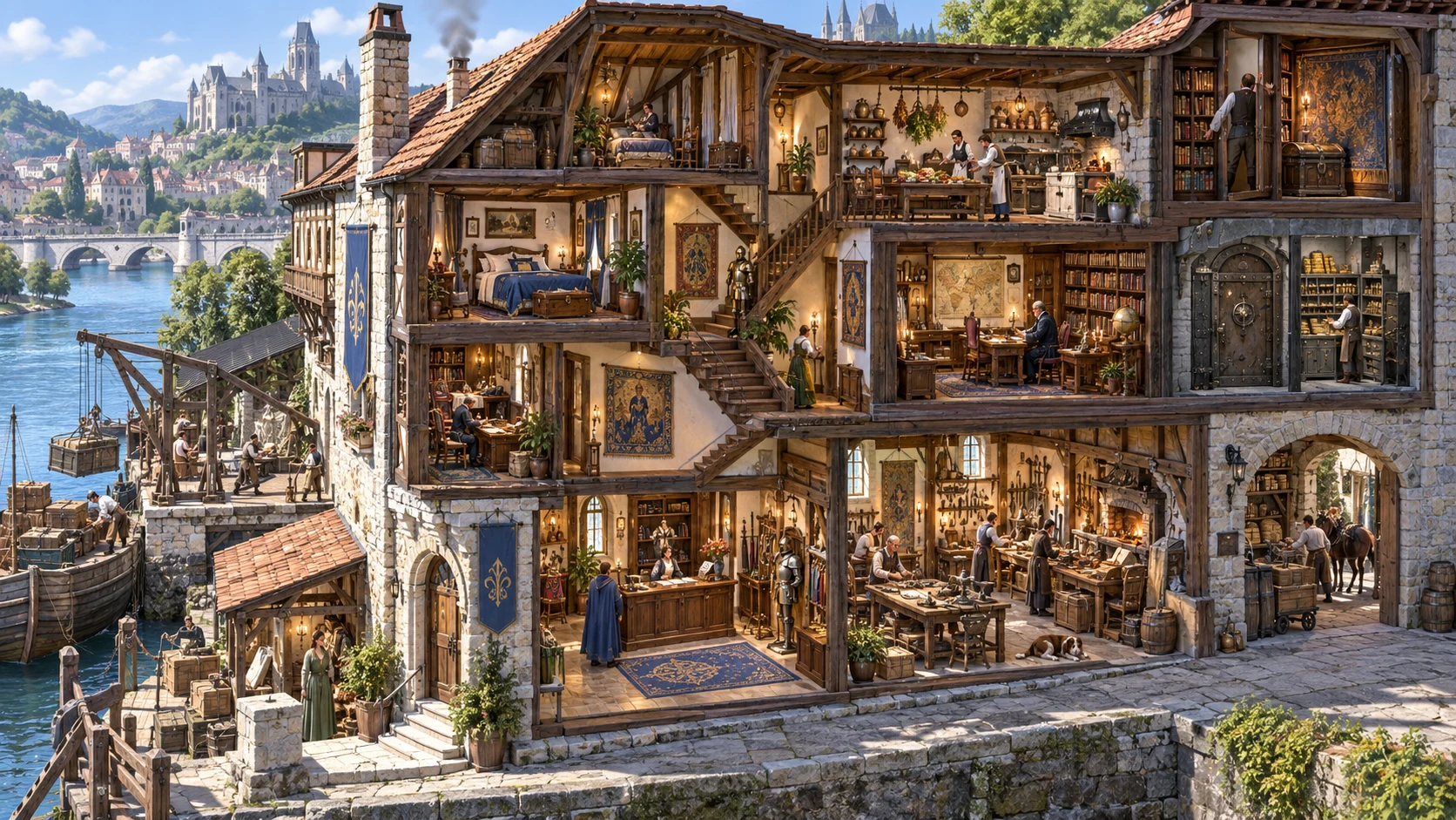 Fantasy cutaway illustration of a riverside building with rooms, workspaces and visible stairs