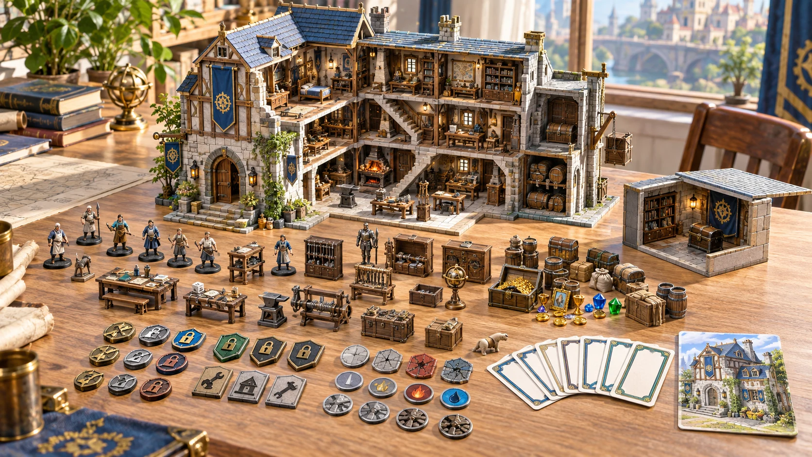 Illustration of a cutaway building model with room furnishings, figures and reference cards