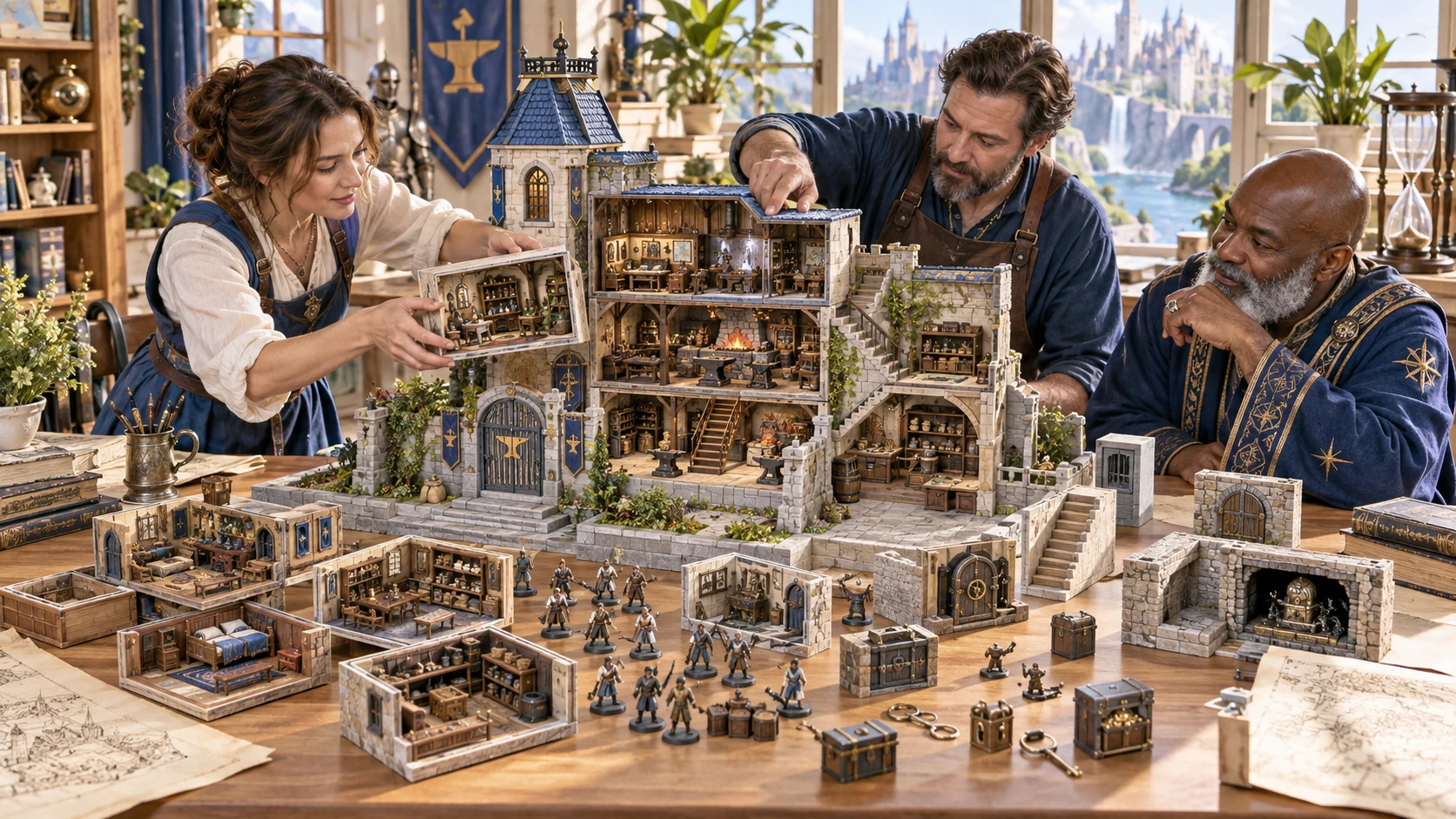 Illustration of a tabletop group arranging a cutaway building model and rooms